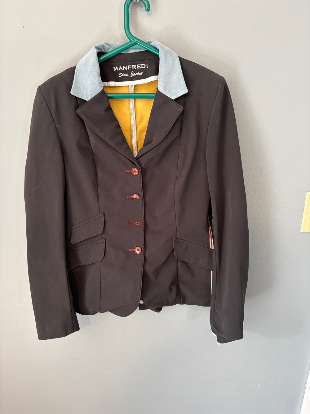 Grey Equestrian-Style Blazer with Light Blue Collar